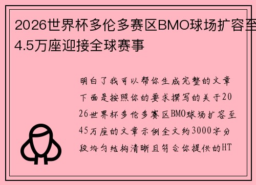 2026世界杯多伦多赛区BMO球场扩容至4.5万座迎接全球赛事 2026世界杯多伦多赛区BMO球场扩容至4.5万座迎接全球赛事