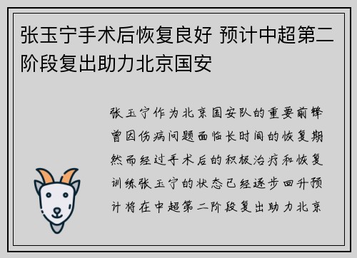 张玉宁手术后恢复良好 预计中超第二阶段复出助力北京国安 张玉宁手术后恢复良好 预计中超第二阶段复出助力北京国安