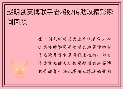 赵明剑英博联手老将妙传助攻精彩瞬间回顾